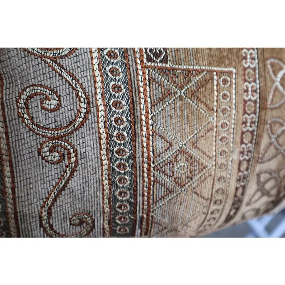 Vintage 90s Boho Pillow SET of 2 LARGE Square Geometric Tapestry Brown Cream